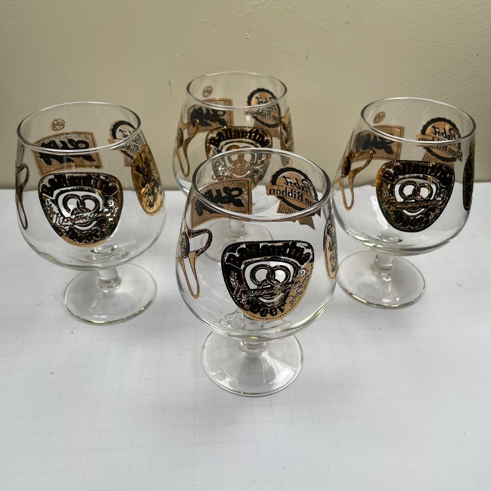 VTG Pabst Blue Ribbon PBR Beer Glass Set 4 Gold MCM Brewery Promo Barware